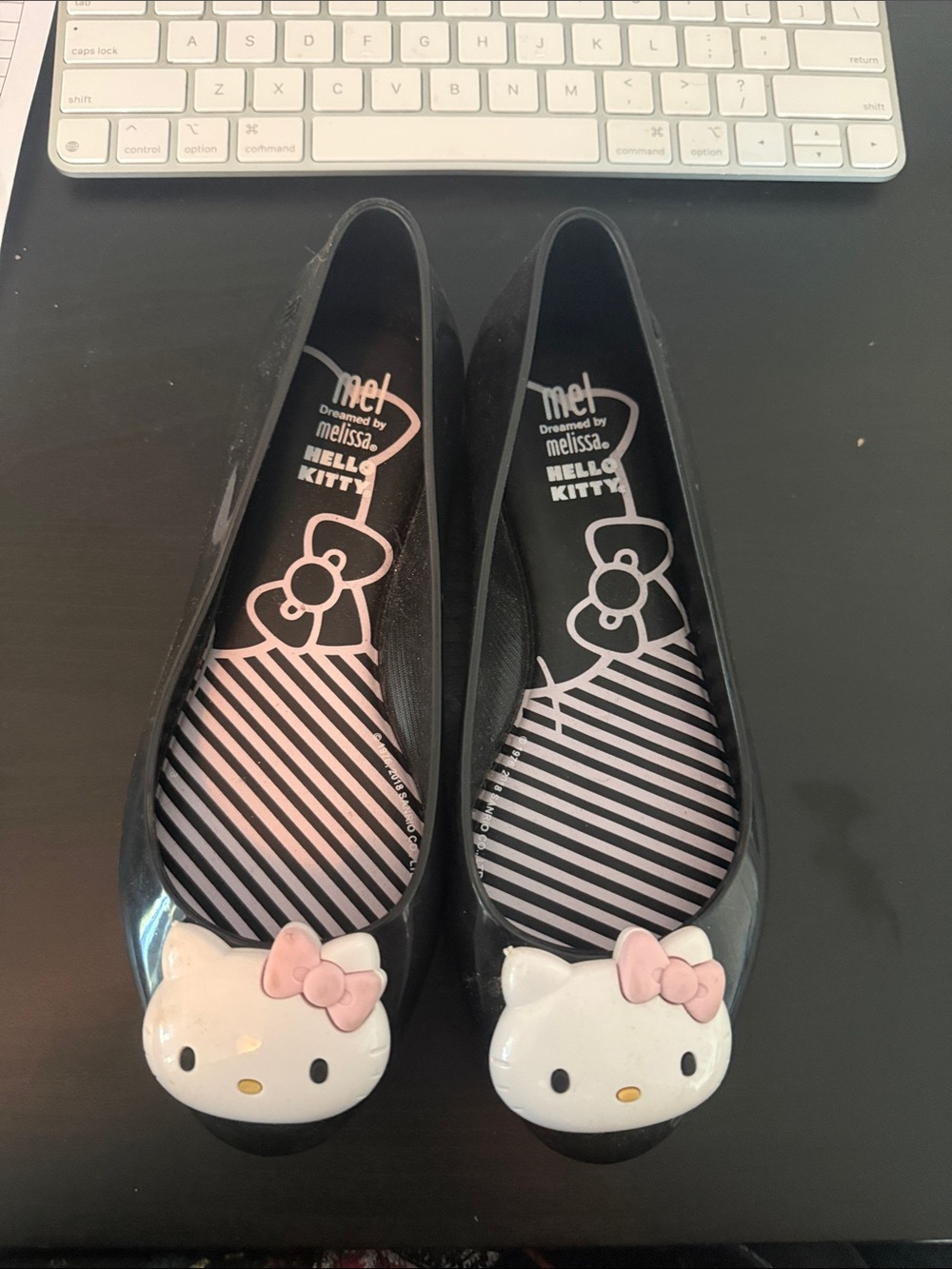 Mini Melissa Black Jelly Flats with White Hello Kitty and Pink Bows